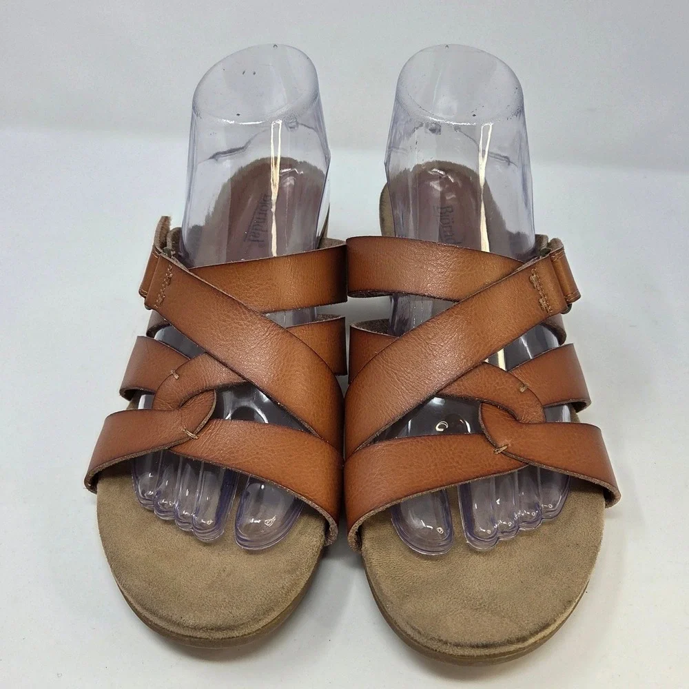 Bjorndal Womens Tan Cognac Strappy Cork Wedge Sandals Hook Loop Closure Size 10